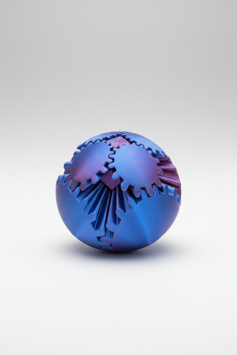 Blue and pink 3D printed gear sphere fidget spinners designed for sensory play, stress relief, and focus support for kids and adults.”
