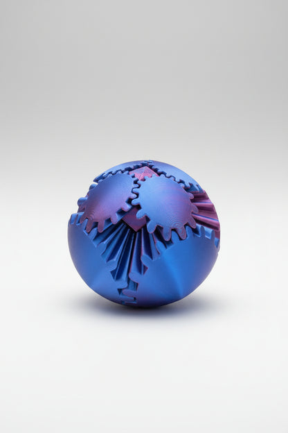 Blue and pink 3D printed gear sphere fidget spinners designed for sensory play, stress relief, and focus support for kids and adults.”