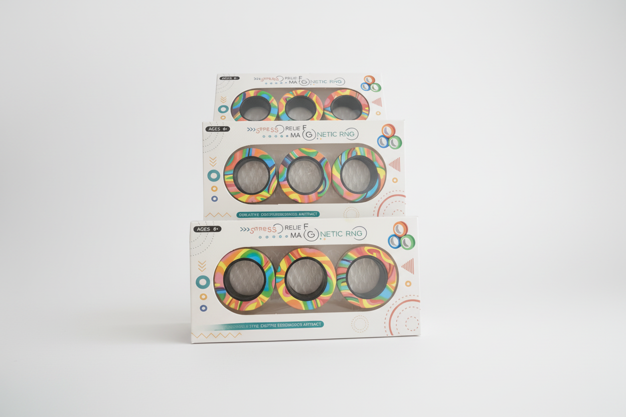 Three packages of a colorful ring product on a wooden surface with a blurred background.
