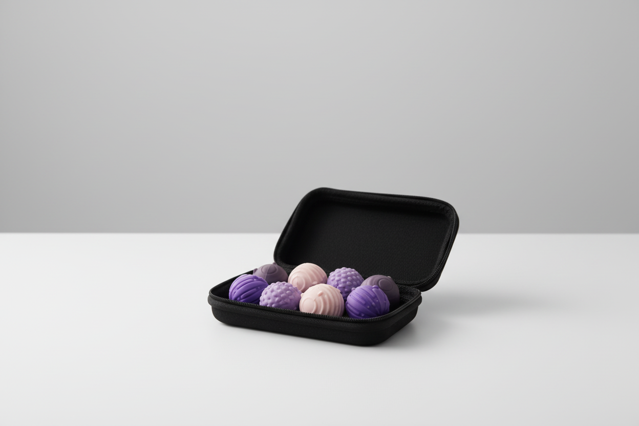Set of 8 purple and pink magnetic sensory stress balls in a hard travel case on a white table, used for ADHD calming, anxiety relief, and tactile sensory play at home.”