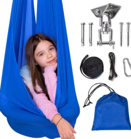 Blue children's swing with hardware components on a white background