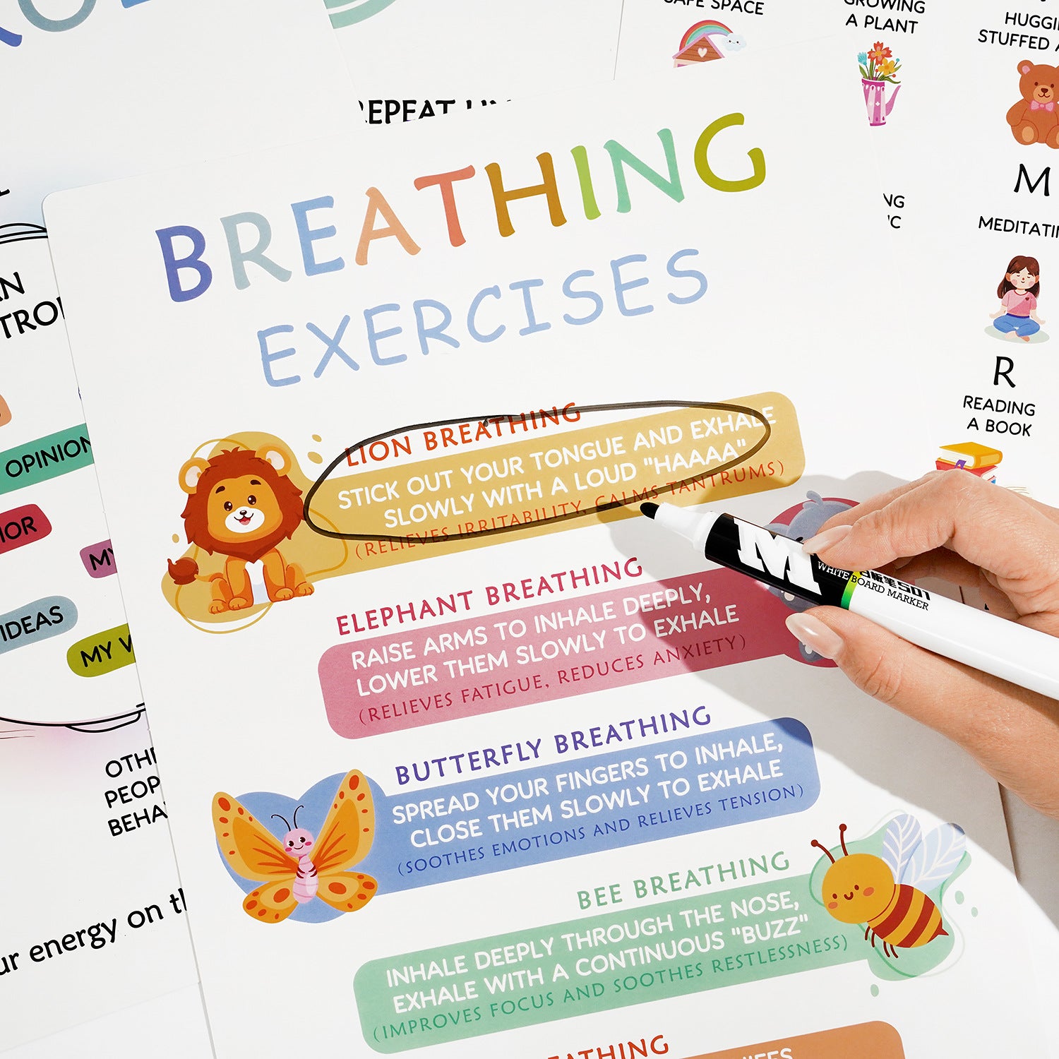 Breathing exercise poster for kids with step-by-step visual guides