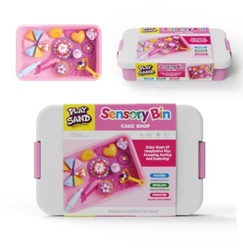 Open cake shop themed sensory play bin with colourful play sand and pretend cake accessories for children’s tactile play