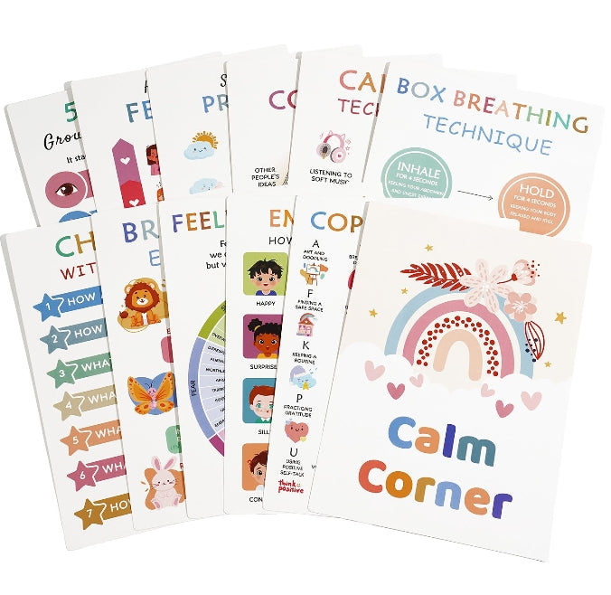 Set of educational posters on mental health and mindfulness on a white background