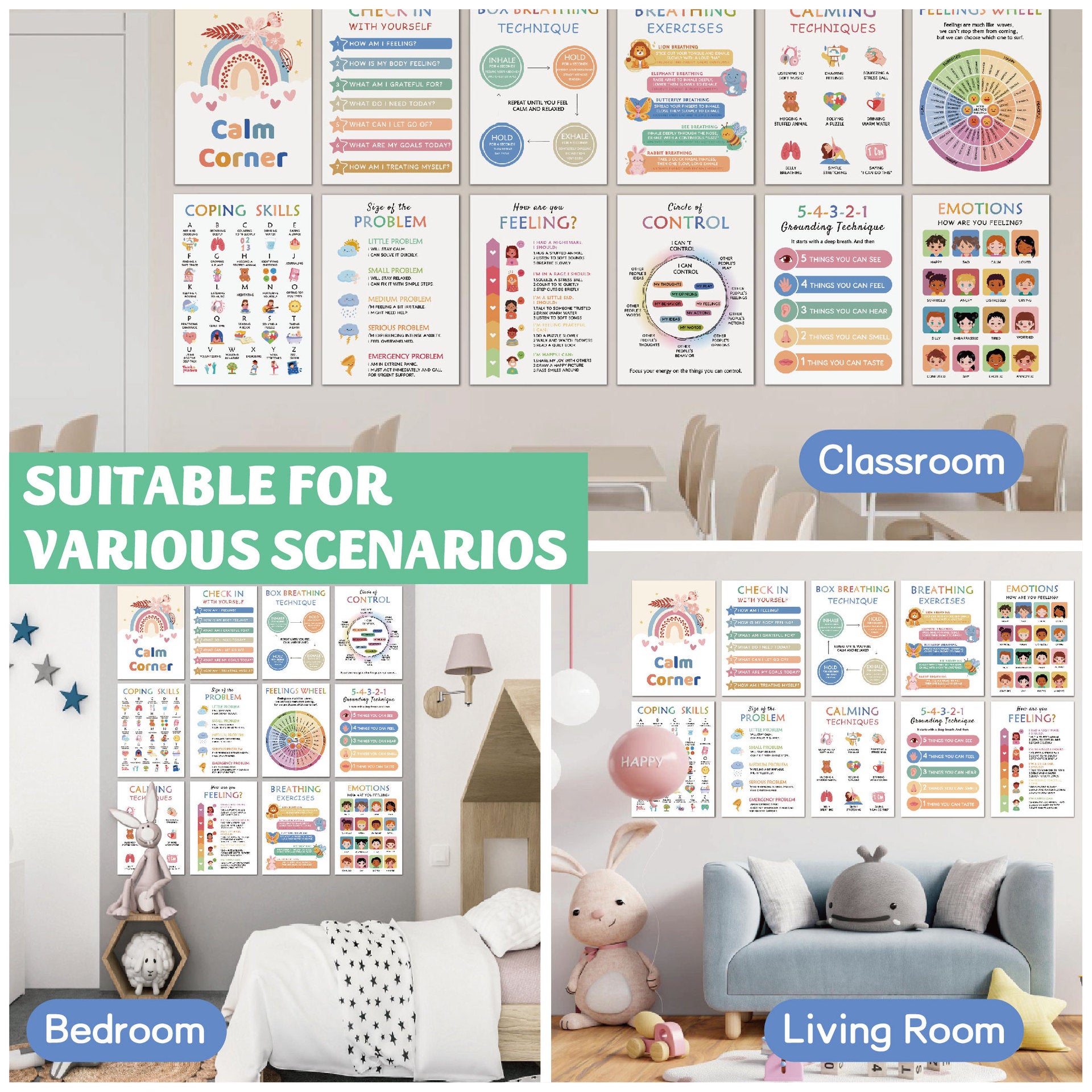 Classroom wall display with colourful illustrated posters for children