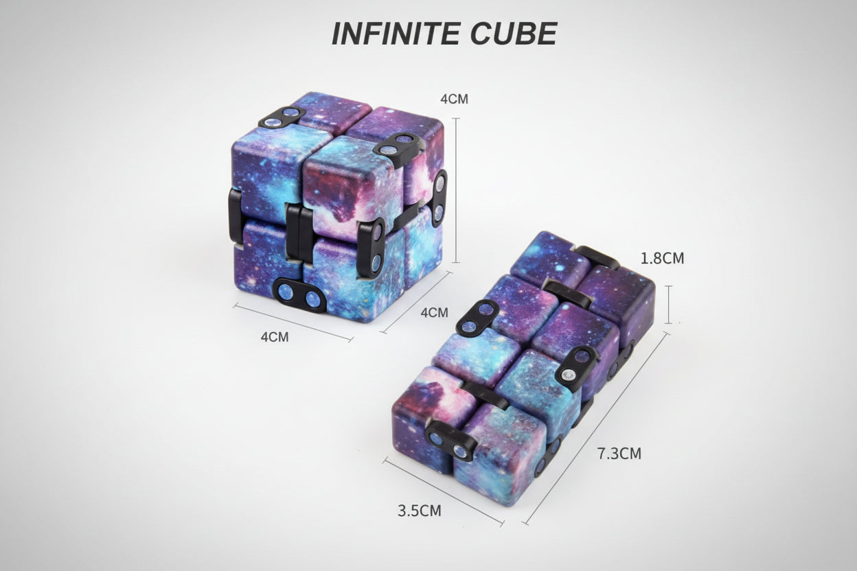 Infinite cube with galaxy pattern and measurements on a white background