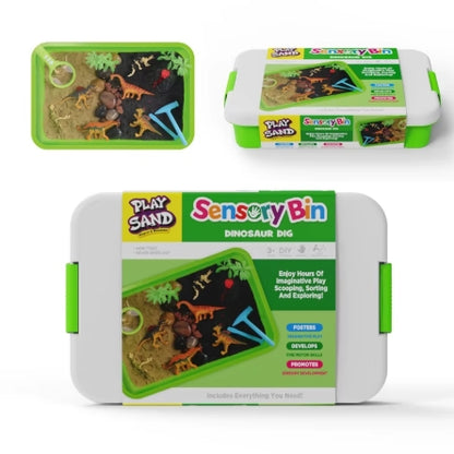 Open dinosaur dig sensory play bin with textured play sand, dinosaur figures and digging tools for kids