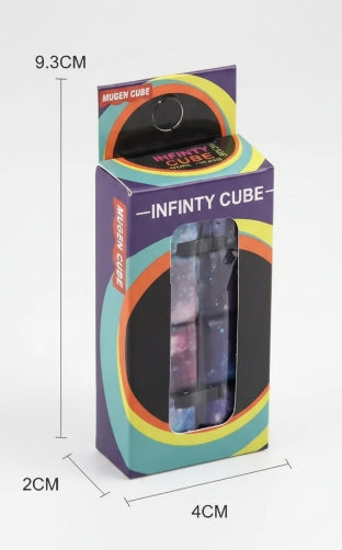 Colorful packaging of 'Infinity Cube' with dimensions displayed