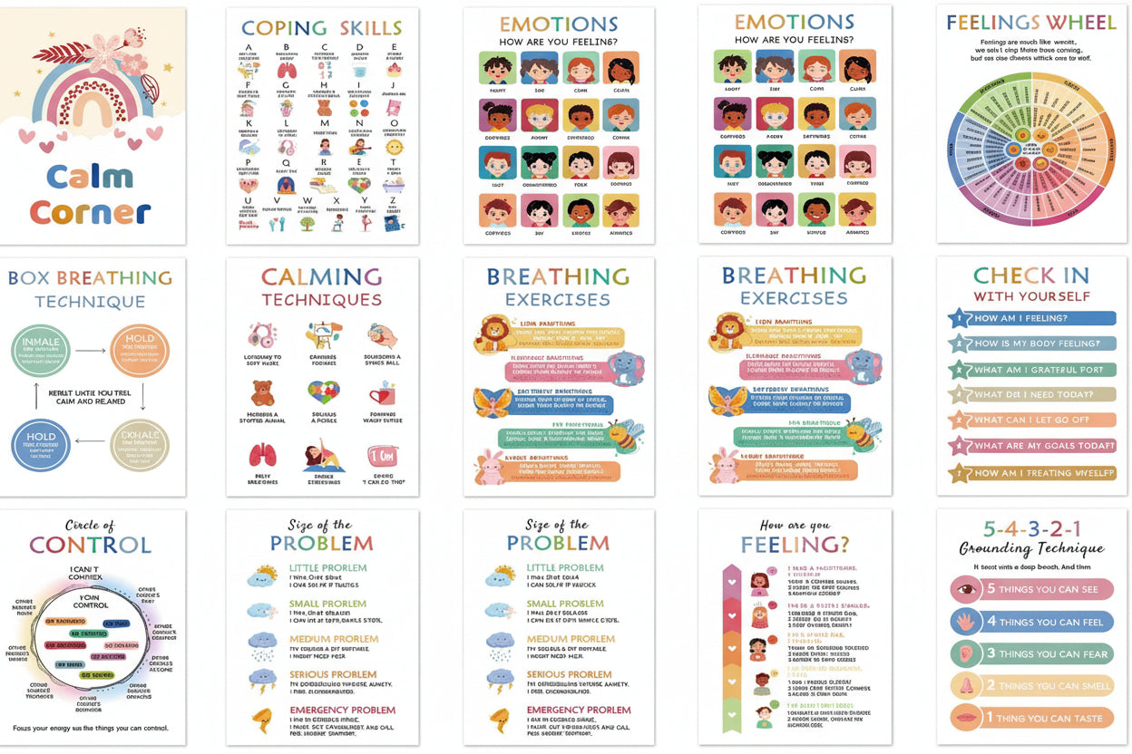 Colourful activity posters for children laid out showing illustrated charts