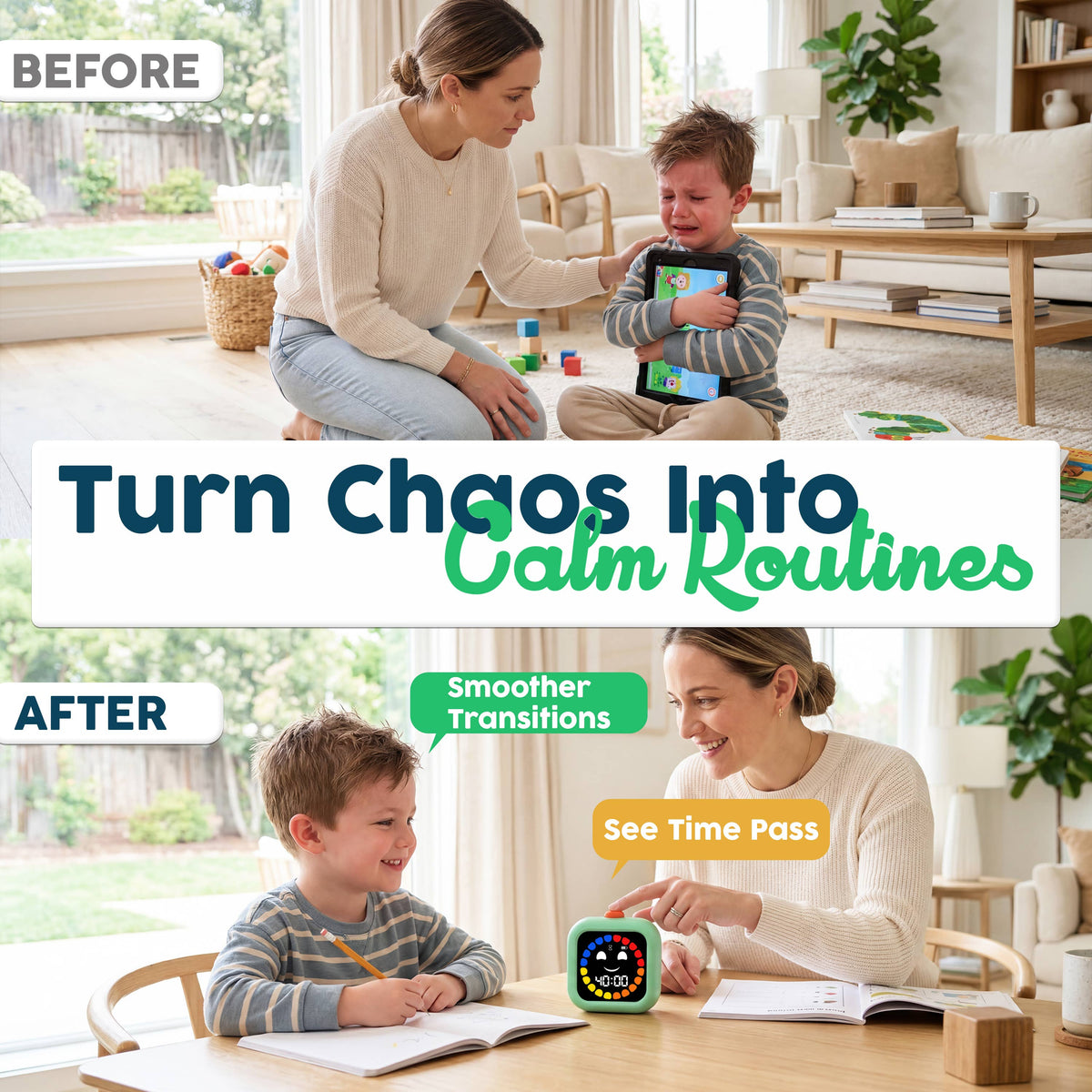 Before and after comparison of a mother and child in a living room setting with text about turning chaos into calm routines.
