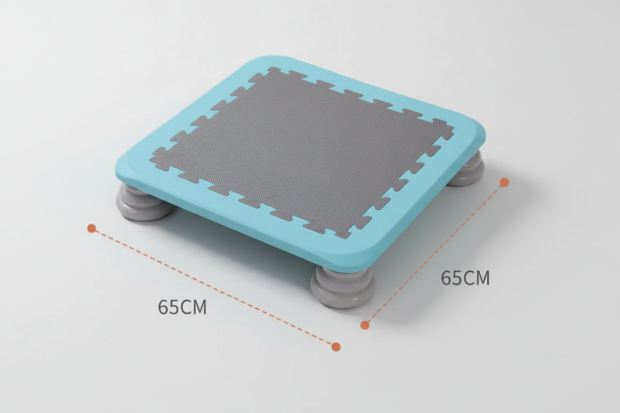 Blue mini kids’ sensory trampoline with a grey jumping surface and sturdy grey legs, measuring 65cm by 65cm, designed for balance training, sensory play, and gross motor development.