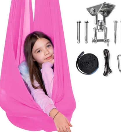 Pink hanging chair with a child inside, accompanied by hardware components on a white background