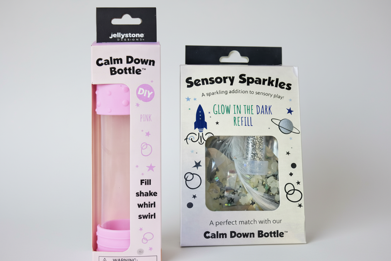 Two packaging items for a 'Calm Down Bottle