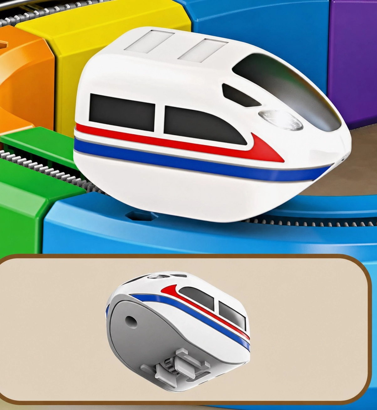 A toy high-speed train model shown from the front and side, featuring a white body with red and blue stripes, displayed on a colorful toy track with an inset showing the underside of the train.