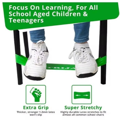 Product advertisement for a chair strap with text 'Focus On Learning, For All School Aged Children & Teenagers' and features of 'Extra Grip' and 'Super Stretchy'.