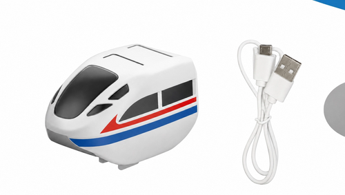 A white train-shaped USB device with black window panels and red and blue stripe accents, shown next to a white USB charging cable on a white background.