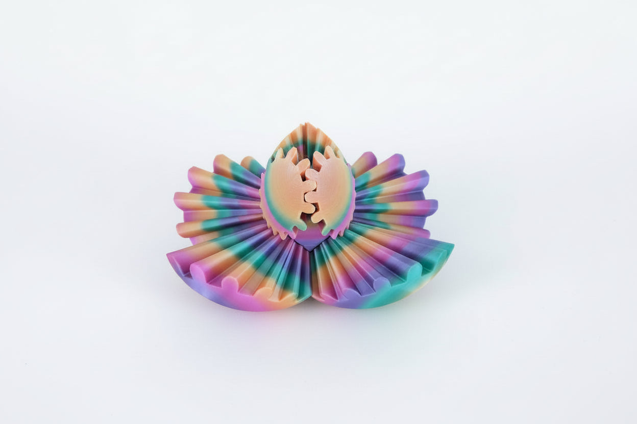 Colorful fidget ball with a unicorn design on a wooden surface
