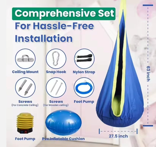 Set of items for hassle-free installation with a blue swing and measurements.