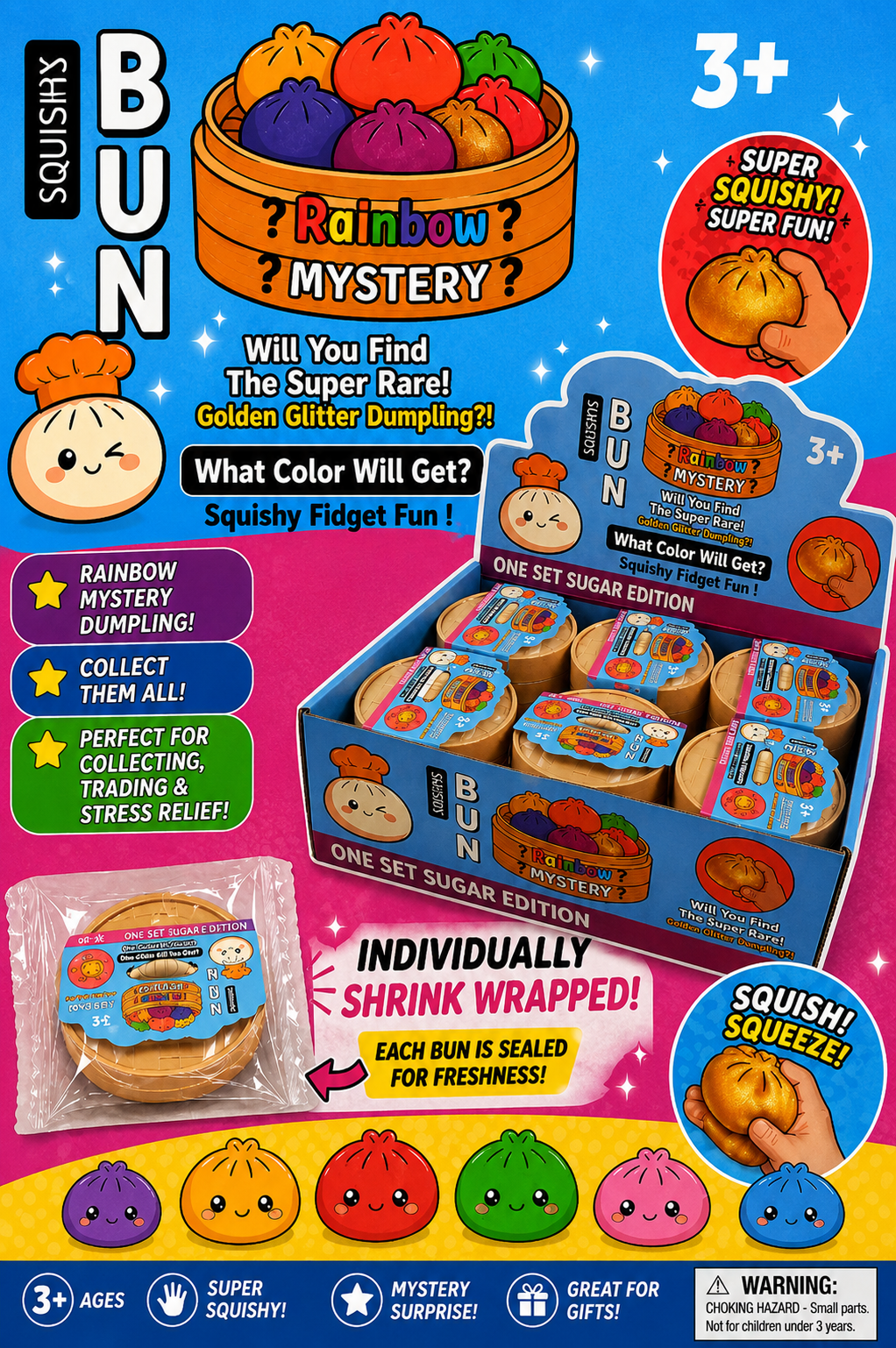 Squishy Bun Rainbow Mystery packaging with colorful bun illustrations and text on a pink background.