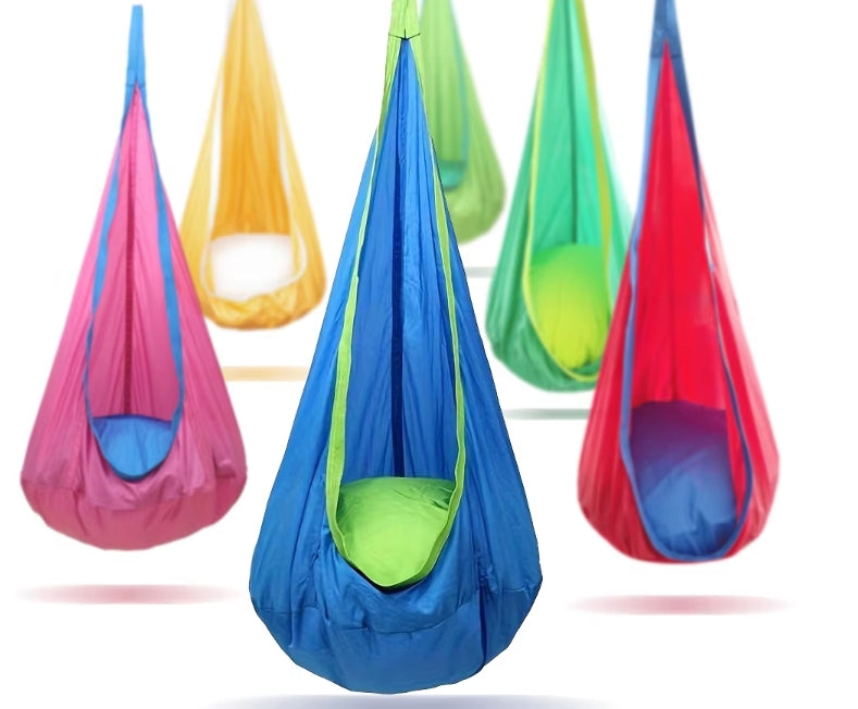 Colorful hanging sensory chairs in various colors on a white background