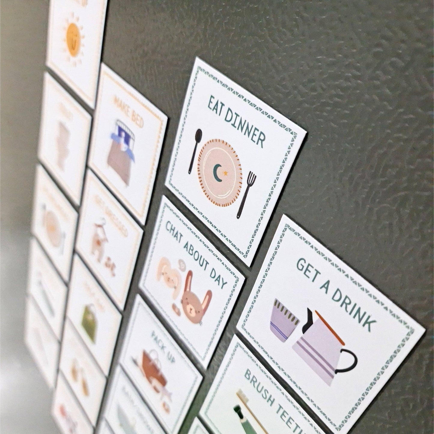 Set of daily routine cards on a magnetic board