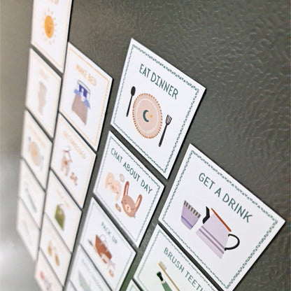 Set of daily routine cards on a magnetic board